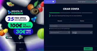 Registo no Solverde — Bónus de Boas-Vindas e Free Spins. Ecrã de registo no site Solverde com oferta de boas-vindas de 25 free spins, 100€ em bónus e 30€ em free bets. Formulário de criação de conta visível ao lado da promoção.